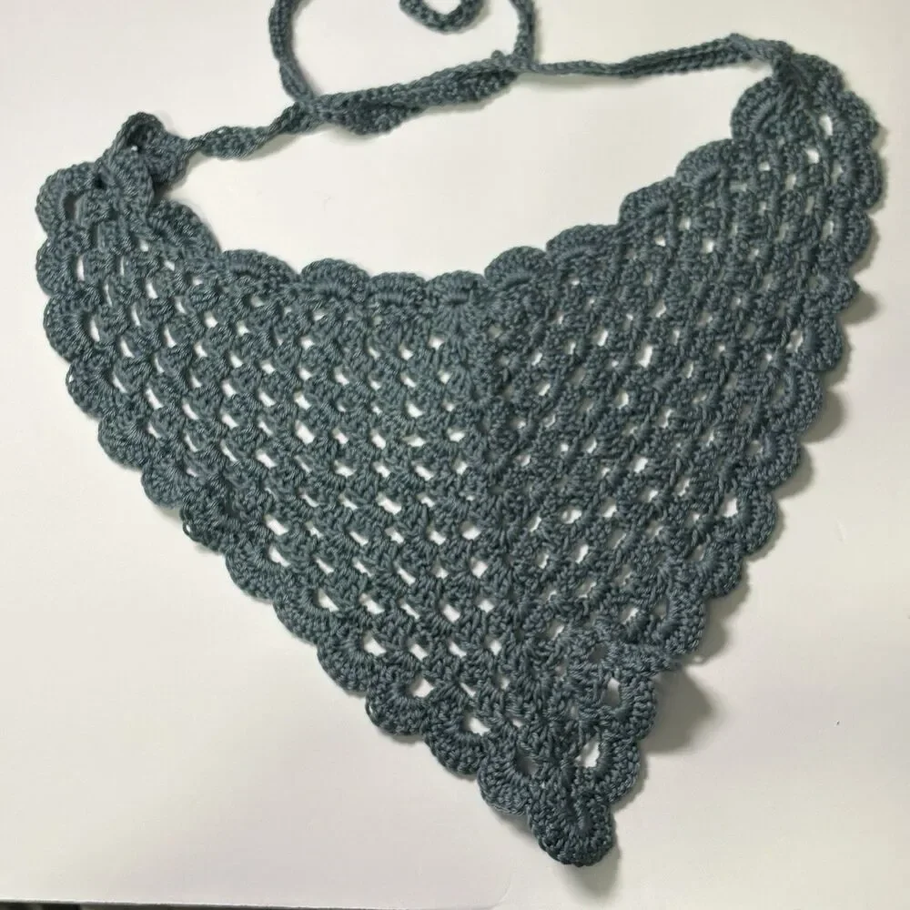 Handmade Crochet Triangle Headscarf Bandana Dusty Blue Boho
